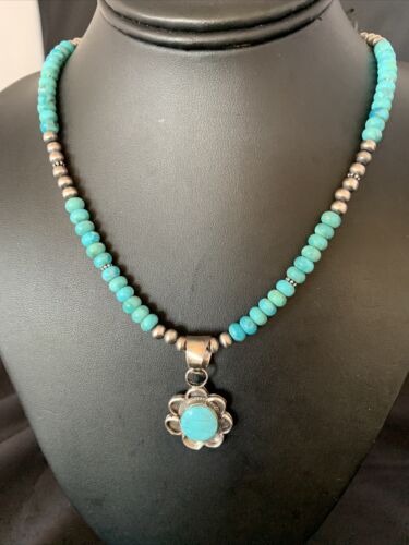 Navajo Blue Turquoise Pendant Necklace | Sterling Silver Pearls | Authentic Native American Handmade | 13216