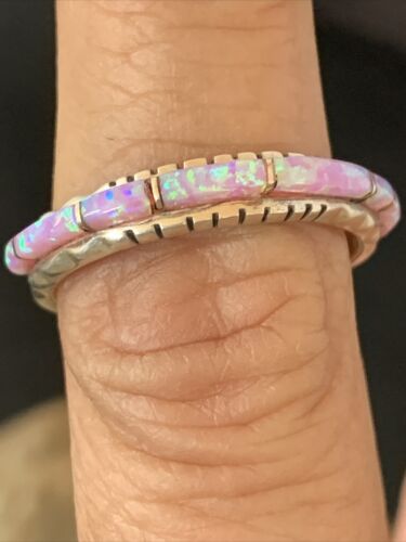 Southwestern Navajo Pink Opal Inlay Ring | Sterling Silver | Sz 7.5 | Authentic Native American Handmade | Yazzie | 10615
