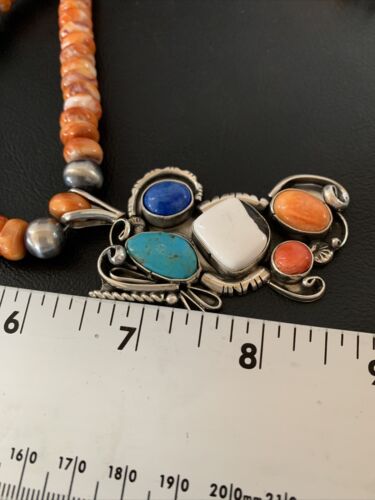 Navajo White Buffalo, Blue Turquoise Spiny Oyster Multi-Stone Pendant | Authentic Native American Sterling Silver | Multi-Stone | 02188