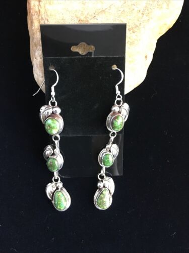 Navajo Green Sonoran Gold Turquoise 3" Dangle Earrings | Sterling Silver | Authentic Native American Handmade | 1732
