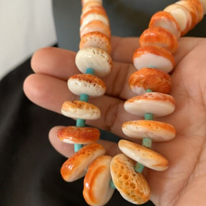 Navajo Orange Spiny Oyster & Turquoise Necklace | Sterling Silver | Authentic Native American | Graduated | 22" | 11387
