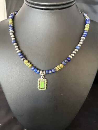 Navajo Green Turquoise and Lapis Pendant Necklace | Sterling Silver | Authentic Native American Handmade | 14634