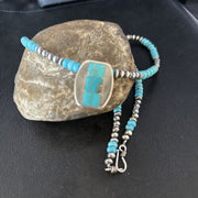Navajo Blue Turquoise Inlay Pendant Necklace | Sterling Silver | 22" | Authentic Native American Handmade | 14602