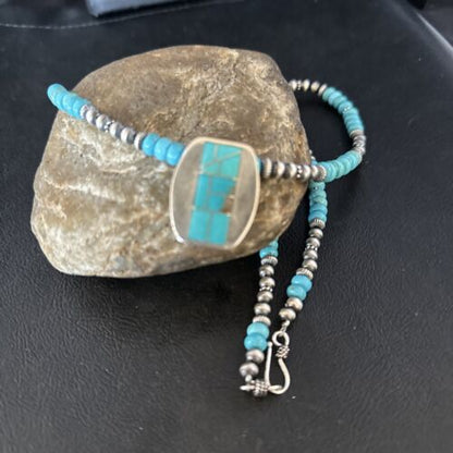 Navajo Blue Turquoise Inlay Pendant Necklace | Sterling Silver | 22" | Authentic Native American Handmade | 14602