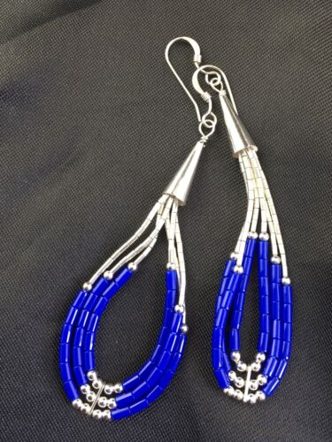 Native American Handmade Sterling Silver Heishi Dangle Earrings Set | Blue Lapis | 2" | 1961