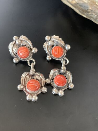 Native American Handmade Navajo Red Spiny Oyster Dangle Earrings | Sterling Silver | 2065