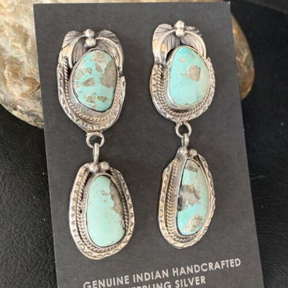 Navajo Blue Dry Creek Turquoise Post Dangle Earrings | Sterling Silver | Authentic Native American Handmade | 13880