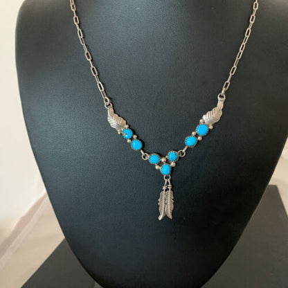 Old Pawn Navajo Blue Kingman Turquoise Necklace | Sterling Silver | 16" Chain | Authentic Native American Handmade | 1184