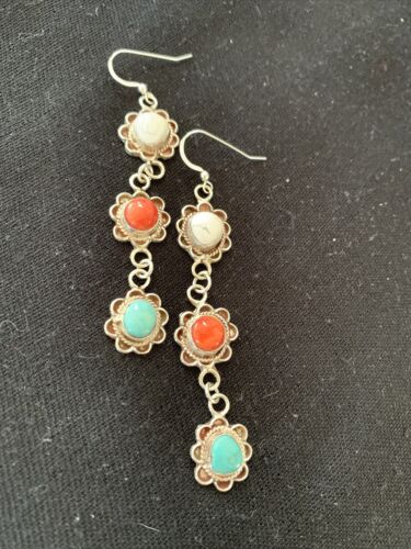 Navajo Spiny, Turquoise & Howlite Dangle Earrings | Sterling Silver | Authentic Native American Handmade | 1573