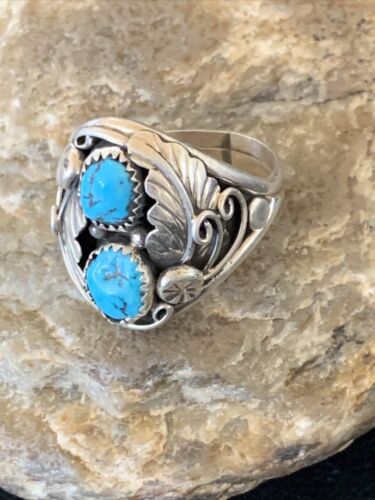 Navajo Blue Kingman Turquoise Feather Ring | Authentic Native American Sterling Silver | Multi-Stone | Sz 12 | 12225