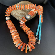 Orange Spiny Oyster & Blue Turquoise Graduated Necklace | Sterling Silver | Authentic Native American | 28" | 13713