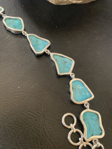 Navajo Blue Kingman Turquoise Rough Link Bracelet | Sterling Silver | 8" | 11649