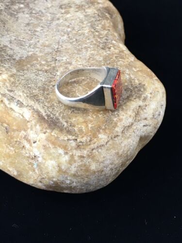 Navajo Men's Red Opal Inlay Ring | Sterling Silver | Sz 9.5 | Authentic Native American Handmade | 10104