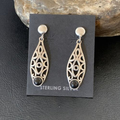 Navajo Black Onyx Drop Earrings | Sterling Silver | 1.25" | Authentic Native American Handmade | 12650