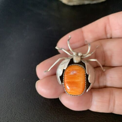 Navajo Spider Pin | Sterling Silver | Orange Spiny Oyster | Authentic Native American Handmade | 13698