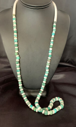 Authentic Native American Santo Domingo Necklace | Blue Turquoise & White Shell Beads | 34" | 13198
