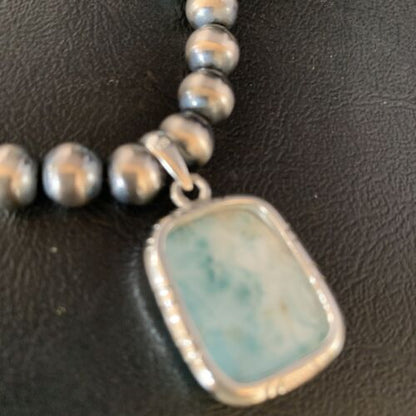 Men's Navajo Sterling Silver Necklace | Blue Larimar Pendant 10mm | Natural | 14003