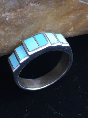 Navajo Blue Kingman Turquoise Inlay Ring | Sterling Silver | Sz 10 | Authentic Native American Handmade | 01594