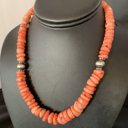 Native American Navajo Pink Coral Bead Necklace | Sterling Silver | 18" | 13231 - Masha USA