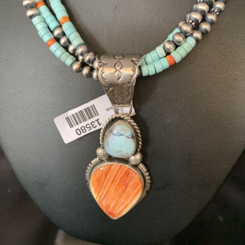 Navajo Dry Creek Turquoise Pendant | Sterling Silver Spiny Necklace | 2.5" | Multi-Strand | 13580