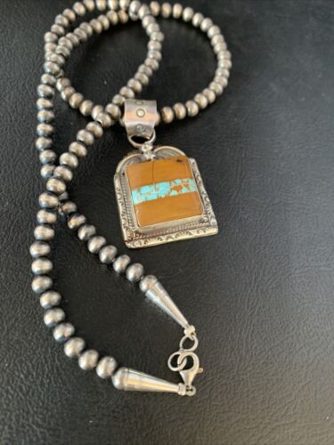 Men's Blue Boulder Turquoise Necklace Pendant | Sterling Silver | Navajo Handmade | 13767