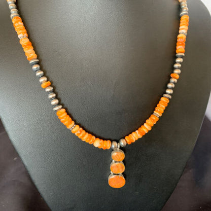 Navajo Pearls Necklace with Orange Spiny Oyster Pendant | Authentic Native American Sterling Silver | Multi-Stone | 12370