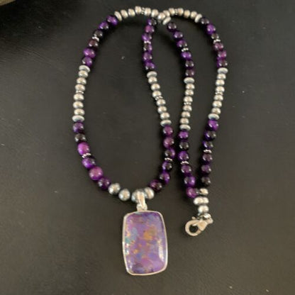 Navajo Pearl Purple Mojave Turquoise Onyx Pendant Necklace | Sterling Silver | Native American Handmade | 13402