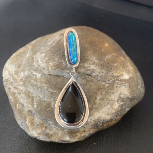 Navajo Black Onyx Blue Opal Inlay Pendant | Sterling Silver | Authentic Native American Handmade | 12885