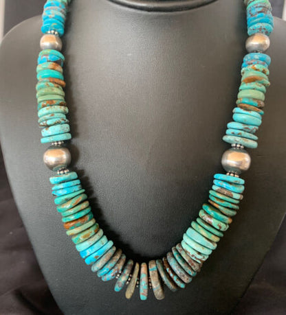 Navajo Blue Green Turquoise Necklace | Sterling Silver | Authentic Native American | 20" | Graduated | 11885