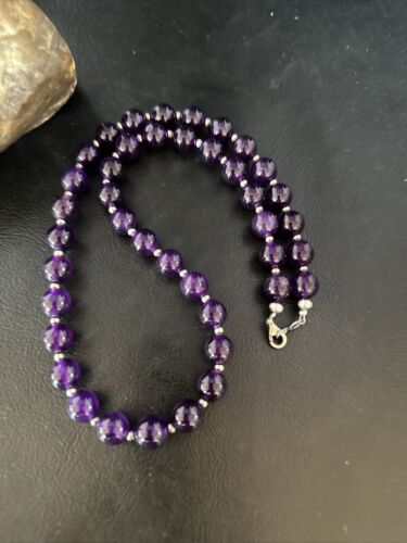 Navajo Sterling Silver Purple Amethyst Bead Necklace | 10mm | 20" | Authentic Native American Handmade | 14814