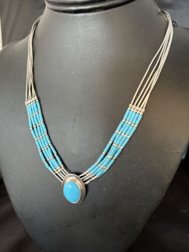 Navajo Liquid Silver Heishi 5-Strand Necklace | Turquoise Pendant | Sterling Silver | 14821