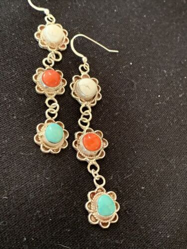 Navajo Spiny, Turquoise & Howlite Dangle Earrings | Sterling Silver | Authentic Native American Handmade | 1573