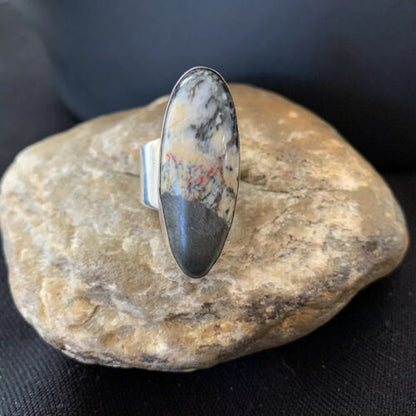 Southwestern Navajo Cinnabrite Ring | White Black | Sterling Silver | Sz 7.5 | 1557