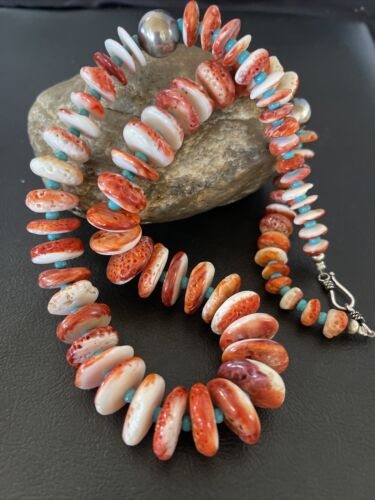 Navajo Turquoise & Red Spiny Oyster Necklace | Sterling Silver | Authentic Native American | Graduated | 22" | 10591