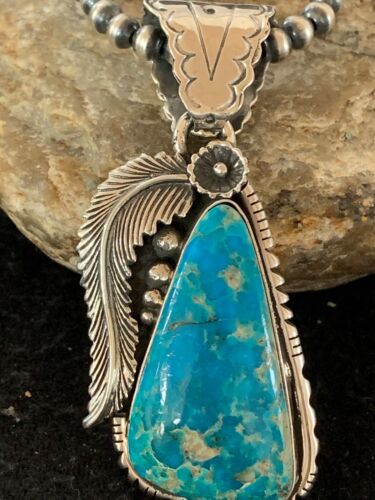 Men's Kingman Turquoise Pendant Necklace | Navajo Pearls | Sterling Silver | Authentic Native American | 4300