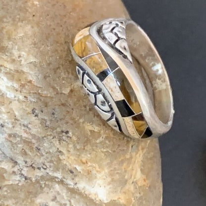 Navajo Black Onyx Coffee Tigers Eye Inlay Ring | Sterling Silver | Sz 6.5 | 10737