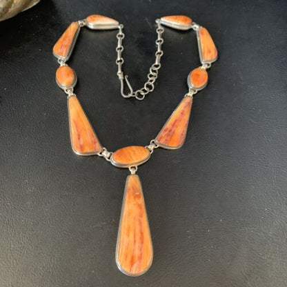 Navajo Lariat Necklace with Orange Spiny Oyster Pendant | Sterling Silver | 20" | Authentic Native American Jewelry | 13883