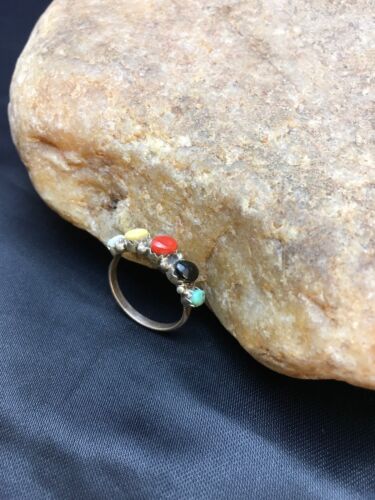 Zuni Blue Opal, Coral & Turquoise Ring | Authentic Native American Sterling Silver | Multi-Stone | Sz 6.5 | 08999