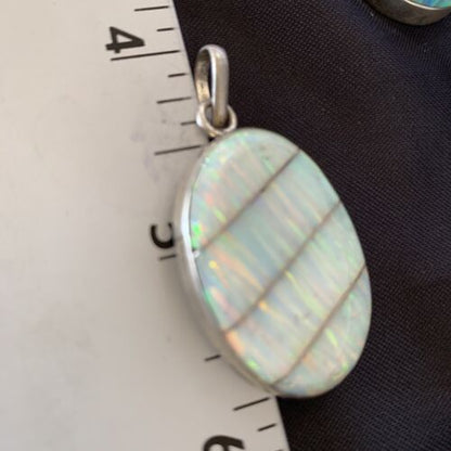 Navajo White Fire Opal Inlay Pendant | Sterling Silver | Authentic Native American Handmade | 13144