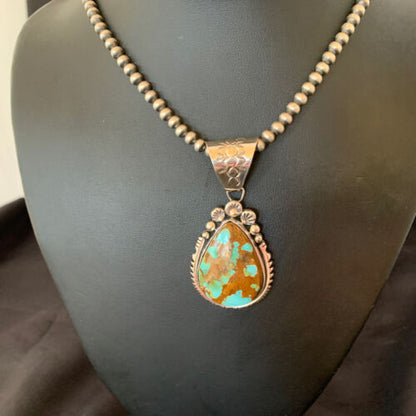 Navajo Pearls Necklace with Blue Royston Turquoise Pendant | Sterling Silver | Native American Handmade | 10764
