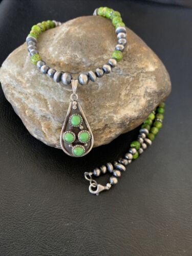 Navajo Green Gaspeite Turquoise Pendant | Authentic Native American Sterling Silver | Multi-Stone | 12265