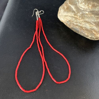 Handmade Sterling Silver Heishi Beads Earrings with Faux Red Coral | 5" | 13502