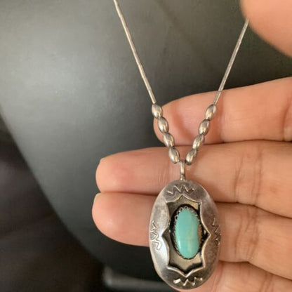 Navajo Blue Turquoise Shadowbox Pendant | Sterling Heishi Necklace | Authentic Native American Handmade | 13690