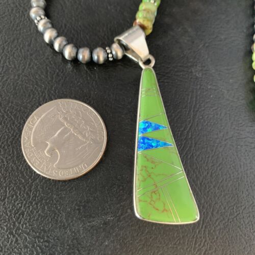 Navajo Green Turquoise Gaspeite Inlay Necklace | Sterling Silver | Authentic Native American Handmade | 13807