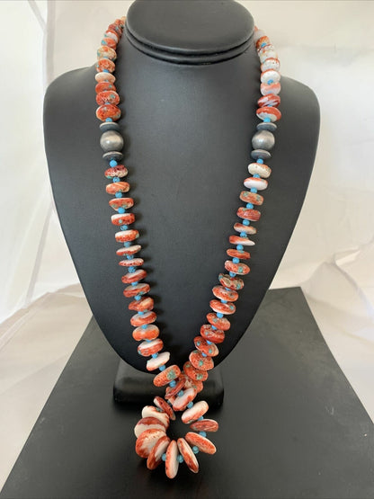 Navajo Red Spiny Oyster & Turquoise Necklace | Sterling Silver Graduated Navajo Pearls | Authentic Native American | 28" | 00912
