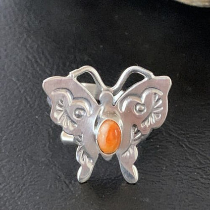 Navajo Orange Spiny Oyster Butterfly Ring | Sterling Silver | Sz Adj 8 | Authentic Native American Handmade | 10344