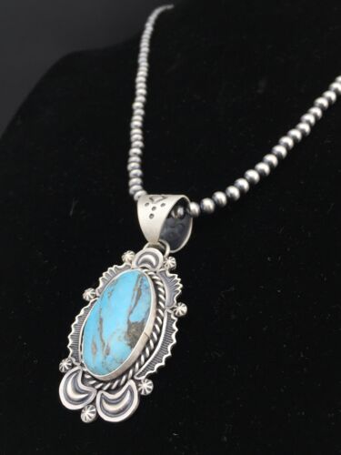 Navajo Blue Turquoise Pendant Necklace | Sterling Silver | 2.75" | Authentic Native American Handmade | 1302