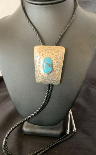 Men's Bolo Tie | Navajo Blue Kingman Turquoise | Sterling Silver | Authentic Native American Handmade | 12144