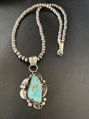 Men's Sterling Silver Blue Dry Creek Turquoise Pendant | Navajo Pearl Necklace 21" | 12975
