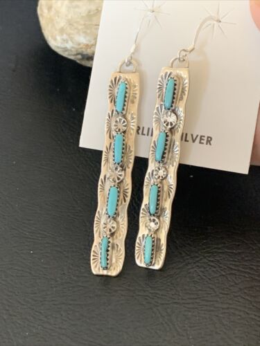 Navajo Turquoise Dangle Earrings | Sterling Silver | 2" Long | Authentic Native American Handmade | 12122